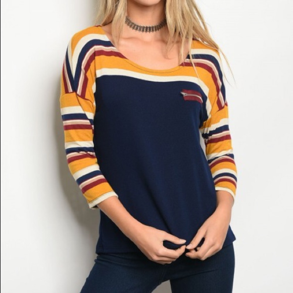 7 items for $25 Navy Mustard Stripes Top - Picture 2 of 3